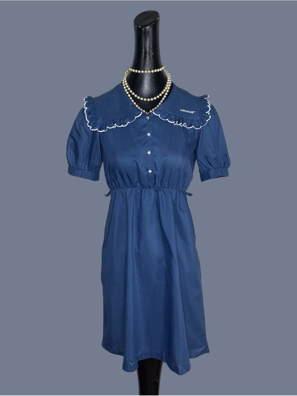 Jordache Navy Blue Puff-Sleeve Midi Dress with Ruffled Collar